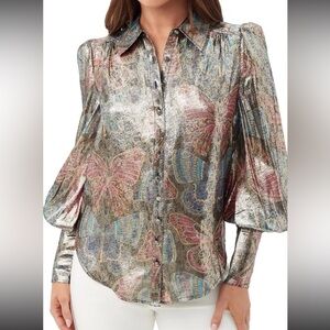 Trina Turk Women'sLong Sleeves Gold Floral Blouse Black Size  Xs